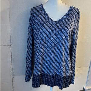 Pure Jill Womens Long Sleeve V-Neck Blue Geometric Print Top. Sz M